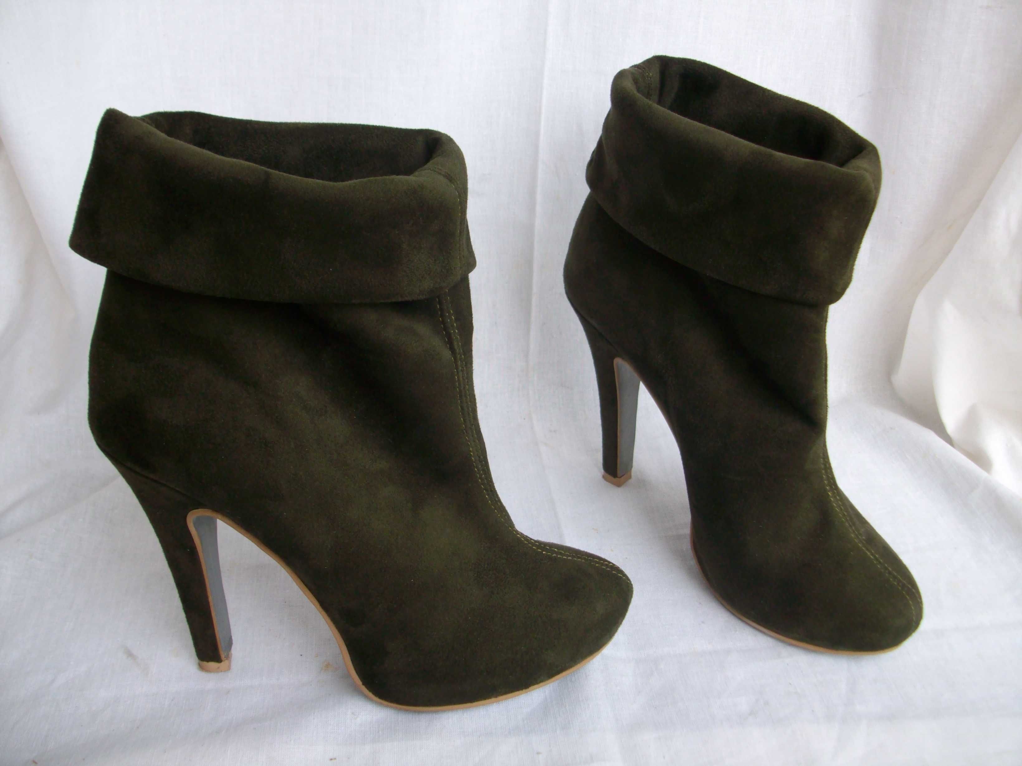 Loft 37 letnie skórzane zamszowe szpilki botki khaki 37