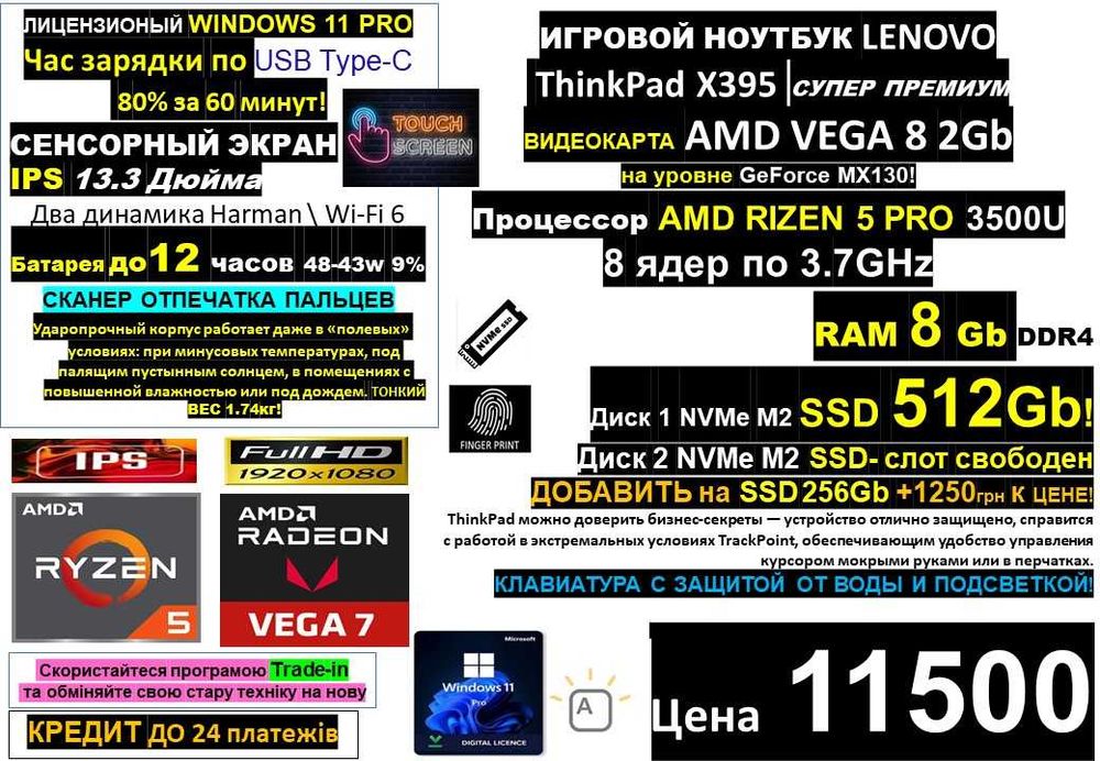 є90 Ноутбуків‼️12ЧАСОВ/ThinkPadX395/СЕНСОР 13.3"/Ryzen5Pro/SSD512/RAM8