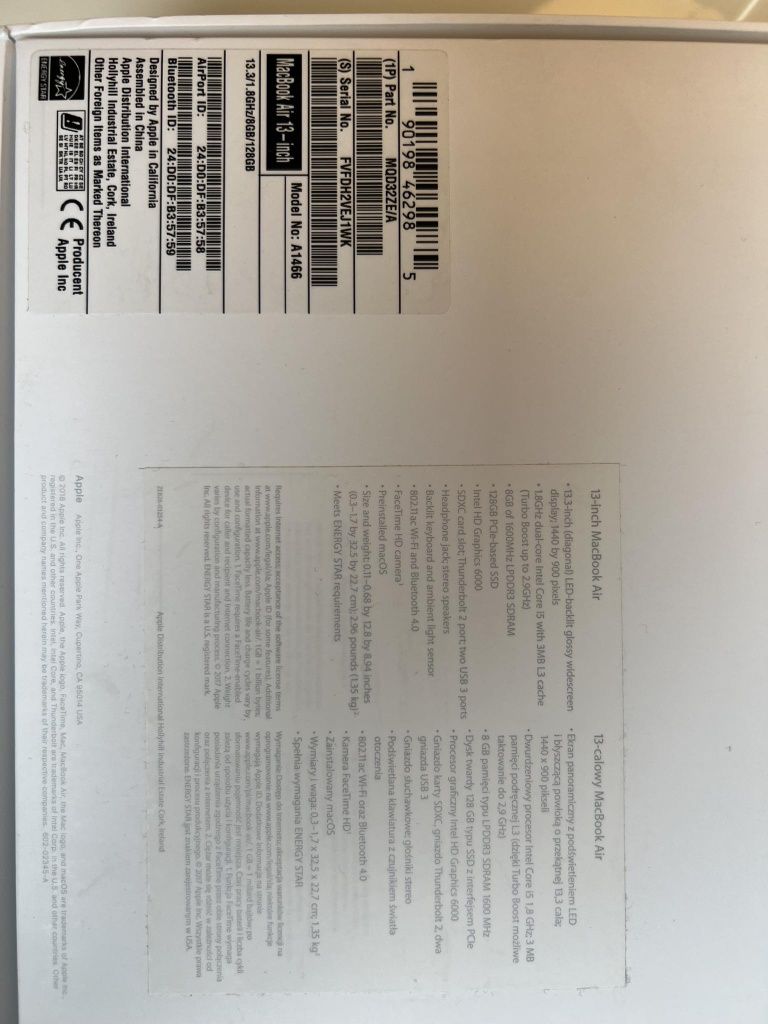 Mac Book Air 13.3" 128GB  2017r