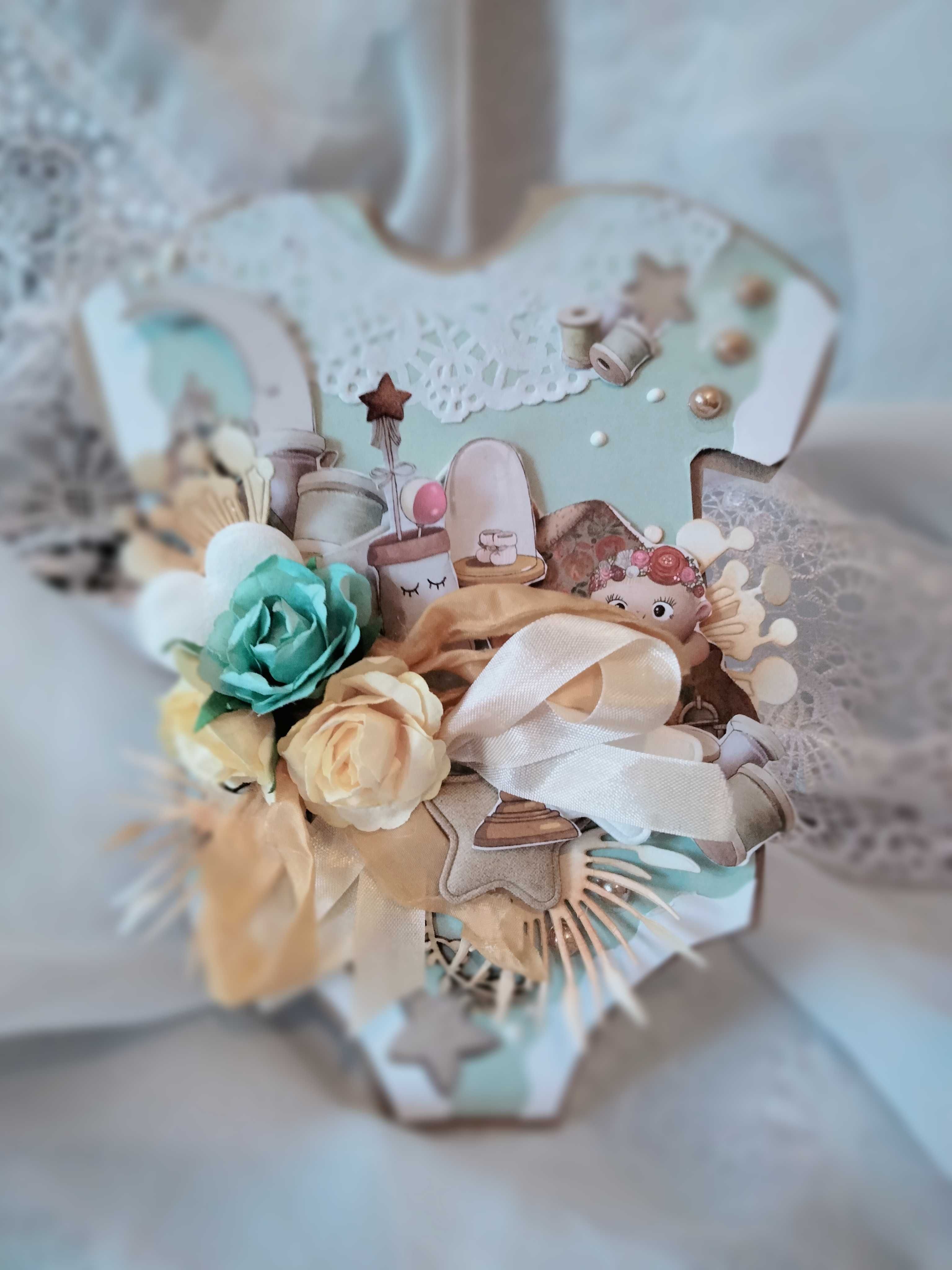 Kartka na Chrzest Roczek Narodziny handmade bodziak dowolny napis
