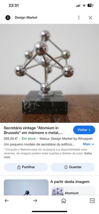Escultura Vintage Átomo Latão Base Mármore Bruxelas 13 cm