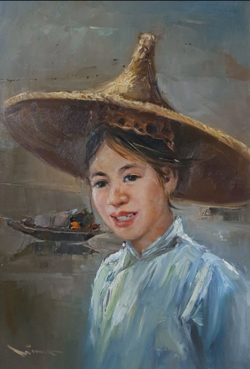 Retrato de menina sobre a paisagem do porto com barco de bambu