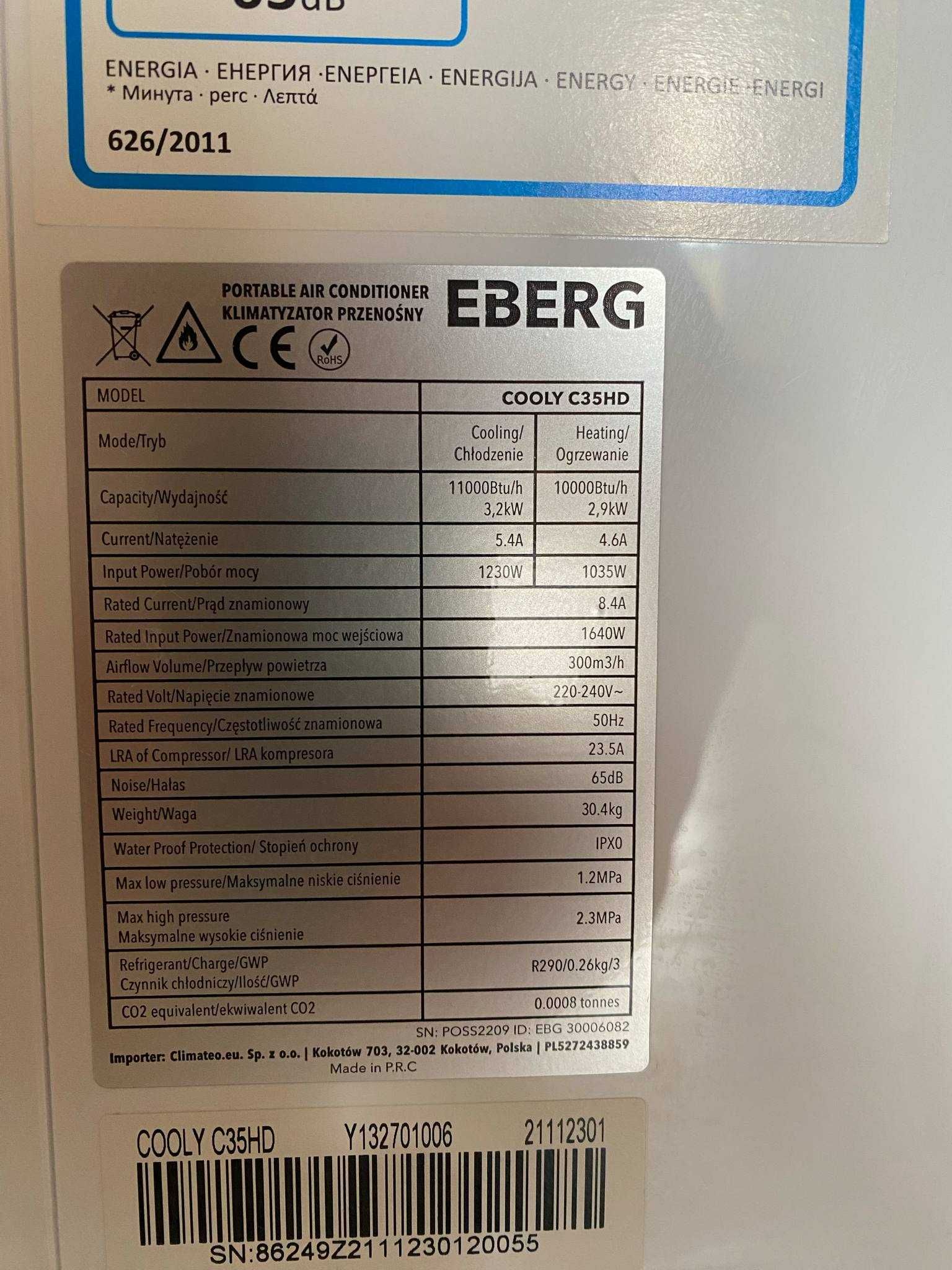 Klimatyzator przenośny EBERG COOLY C35HD 3,2 KW 40 m2 +pilot WIFI