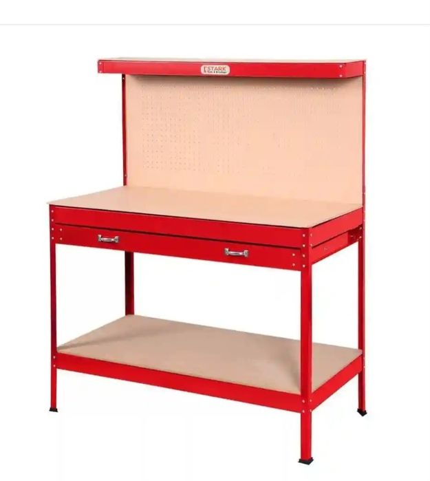 Bancada de Trabalho Cinzenta com Placa Perfurada, Bancada em Aço e MDF