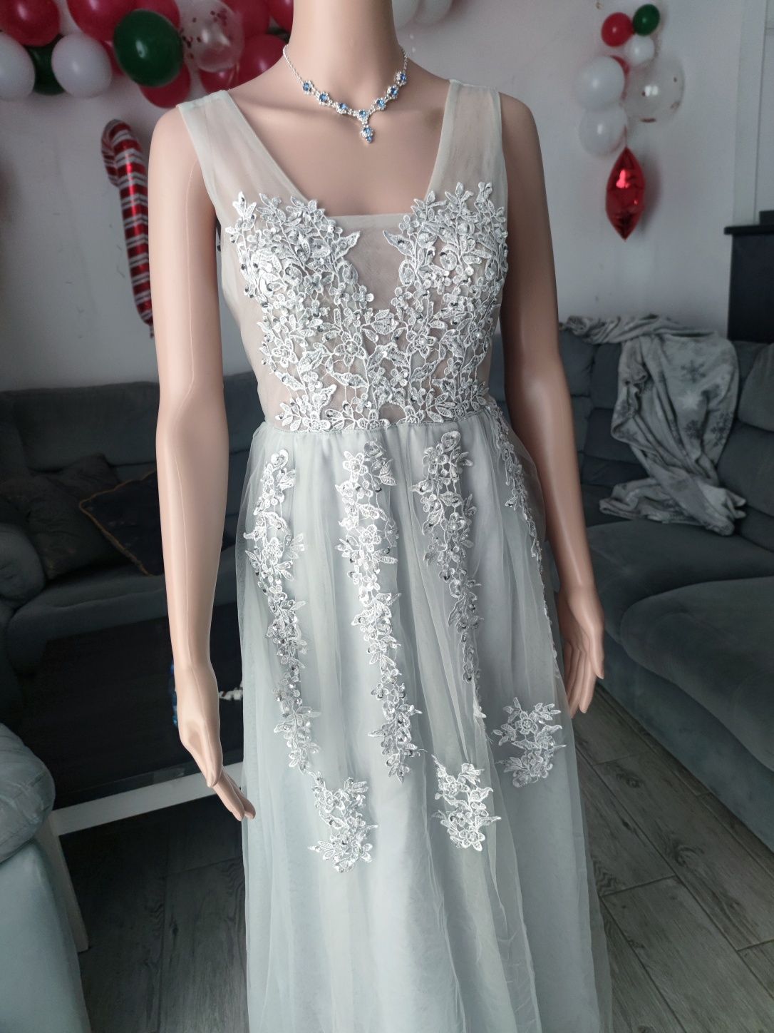 Srebrne tiulowa siwa suknia ślubna sukienka koronkowa rozmiar l 40