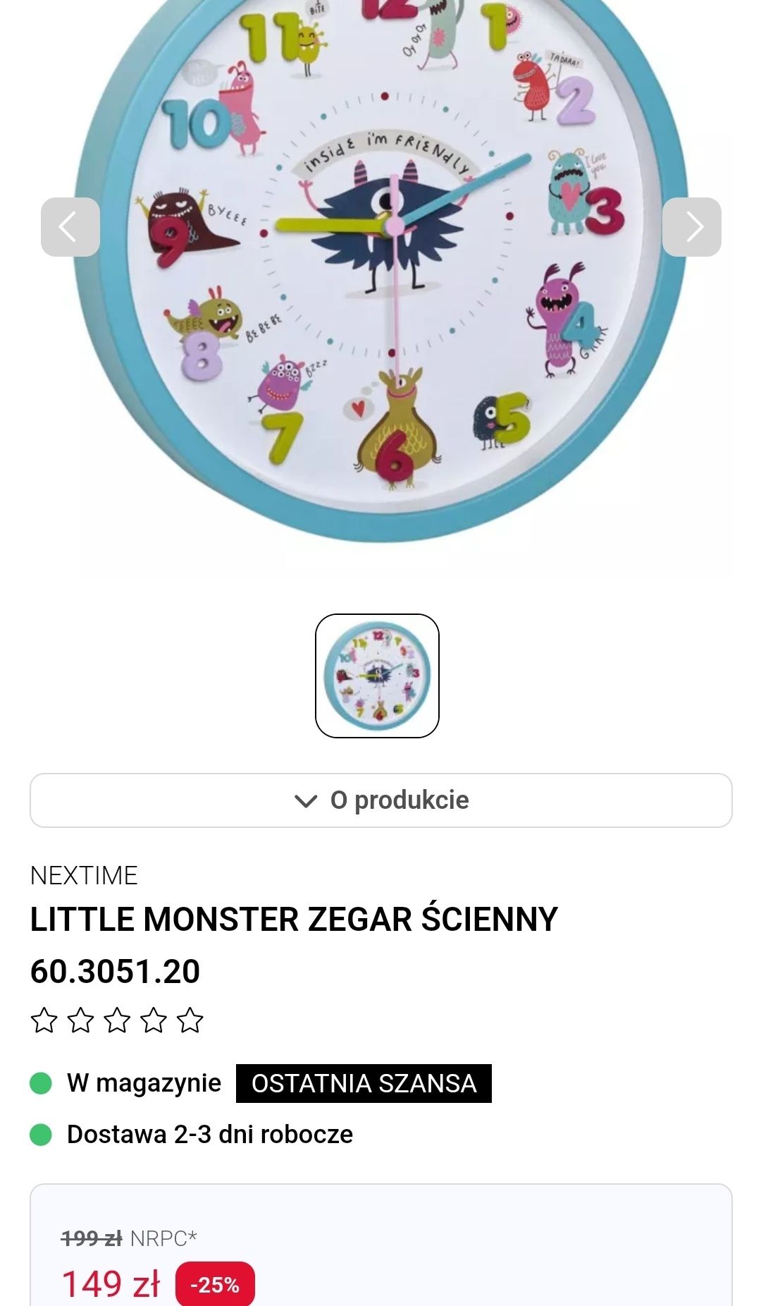 Little Monster Zegar ścienny dla dzieci 30cm