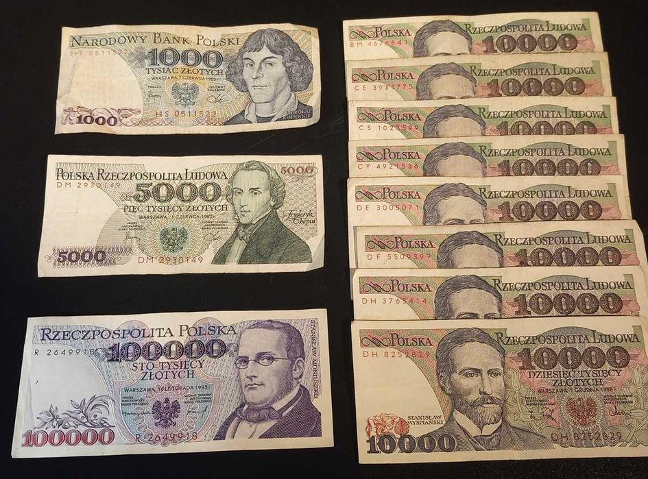 Kolekcja. Banknot 100000 złotych, 10000, 5000, 1000 zł banknoty
