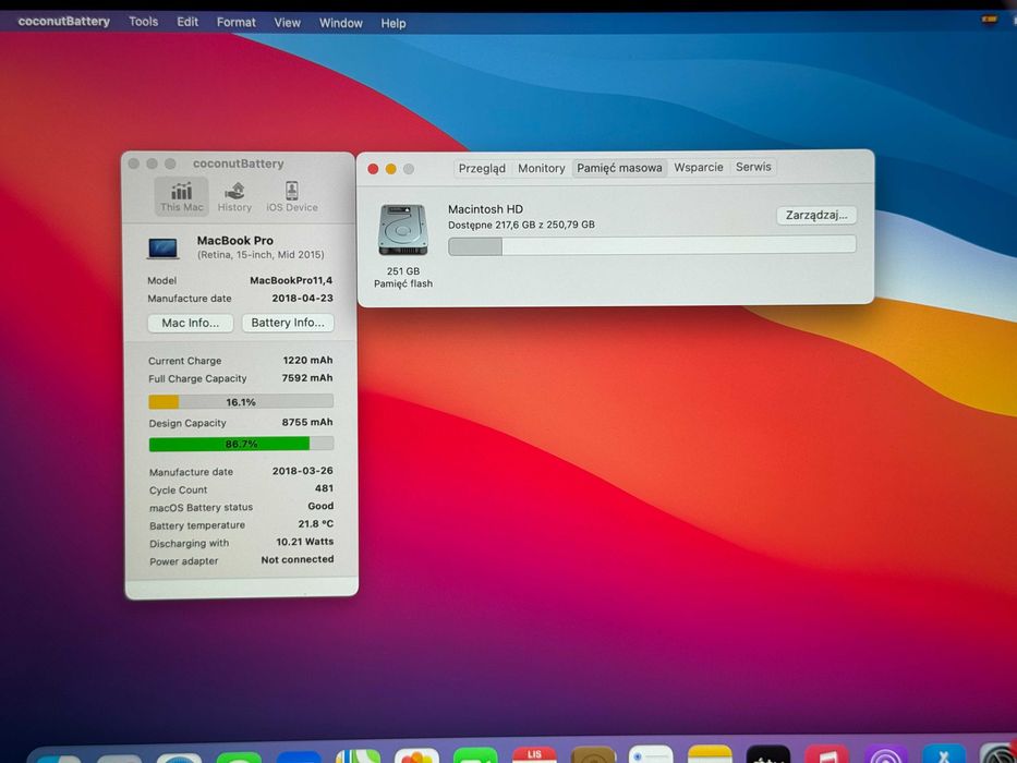 MacBook Pro 15 2015 i7 16/256GB 87% Kondycji Baterii Gwarancja