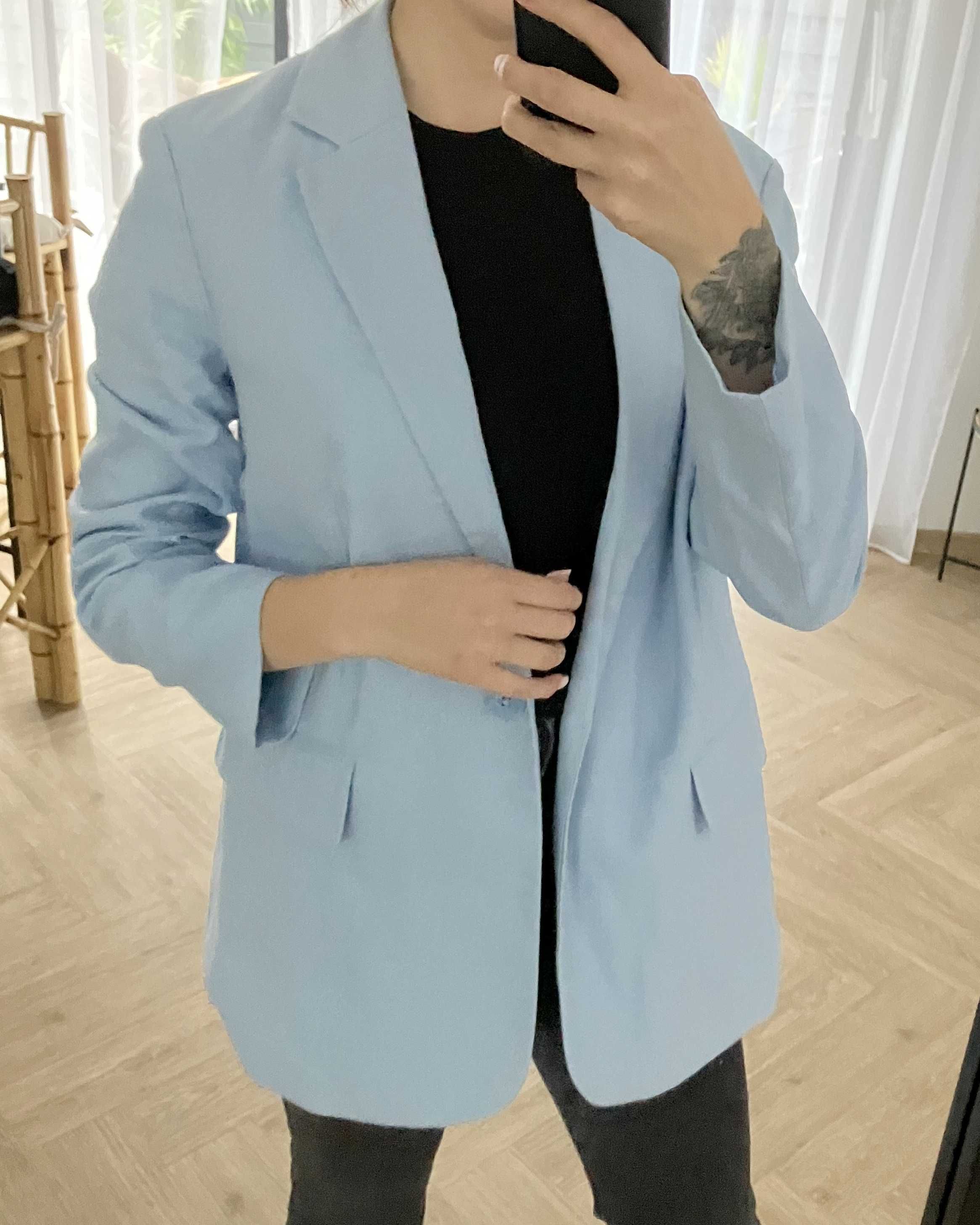 Marynarka z lnem błękitna S Stradivarius oversize wiskoza baby blue