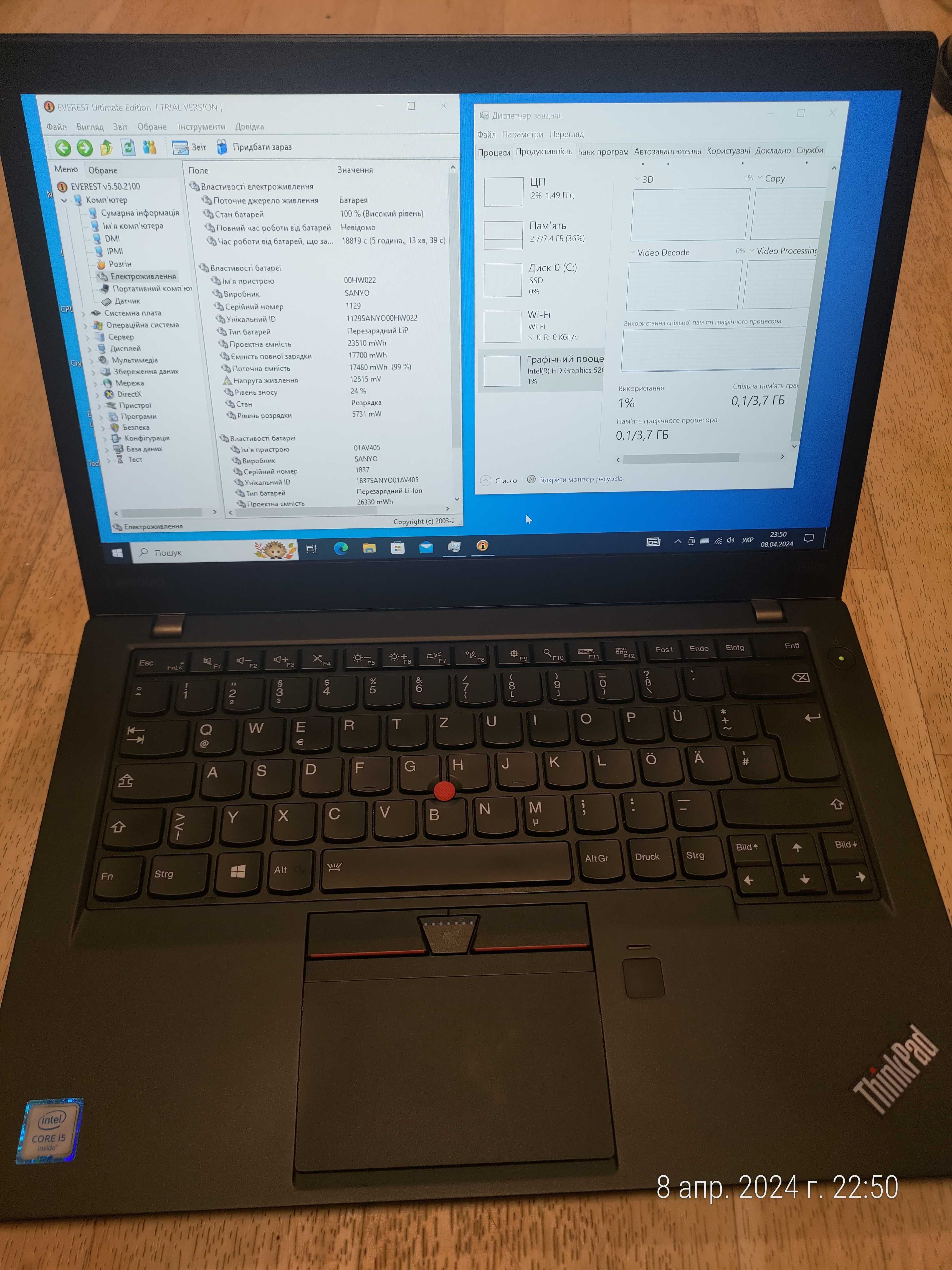 Lenovo ThinkPad T460\i5-6200 2.30ггц/8гб/200гб SSD/граф 3.7гб акб супе