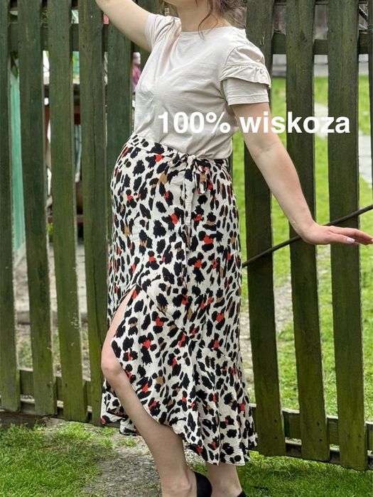 Spódnica ciążowa w panterkę z rozcięciem midi xxl beżowa czarna