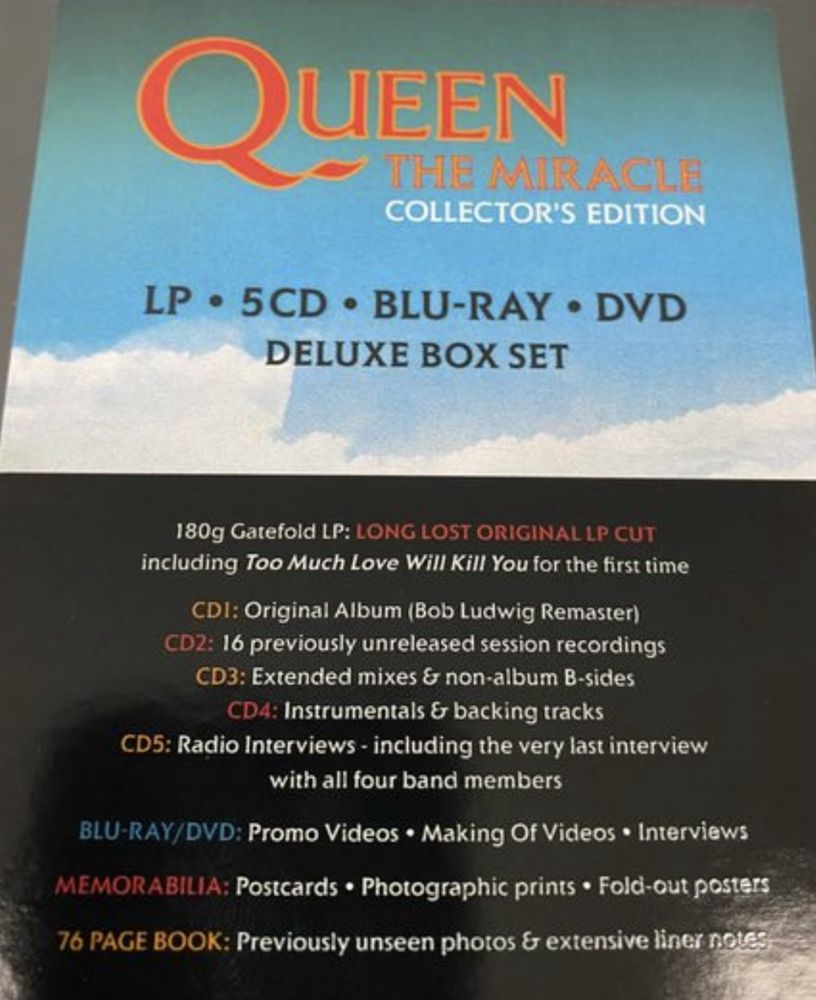 Queen The Miracle 1 szt box set deluxe - LP+5cd+bluray+dvd- Nowe Folia