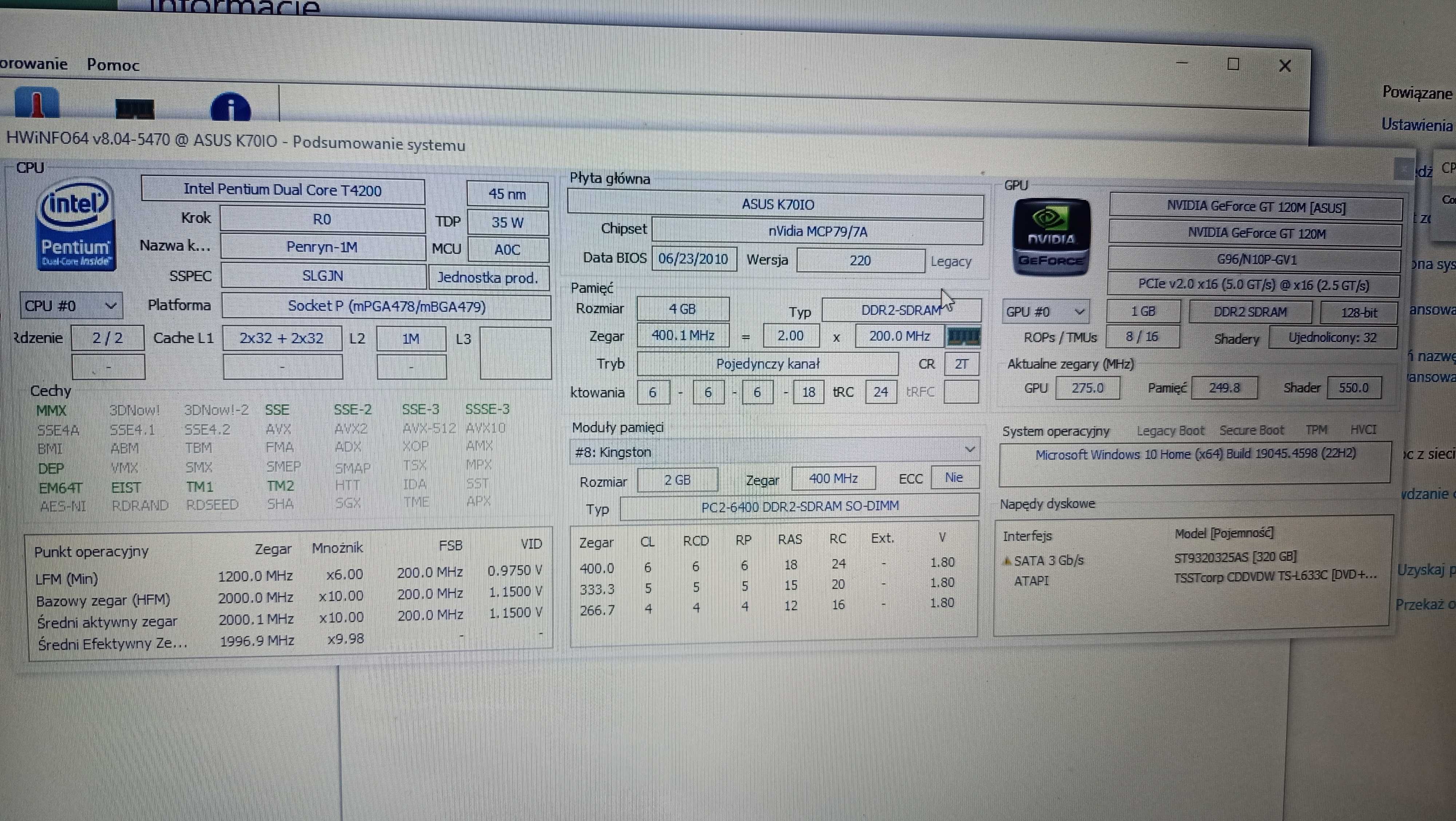 Laptop Asus K70IO 17,3" IntelCore 2 Duo, RAM 4GB, HDD320 GB