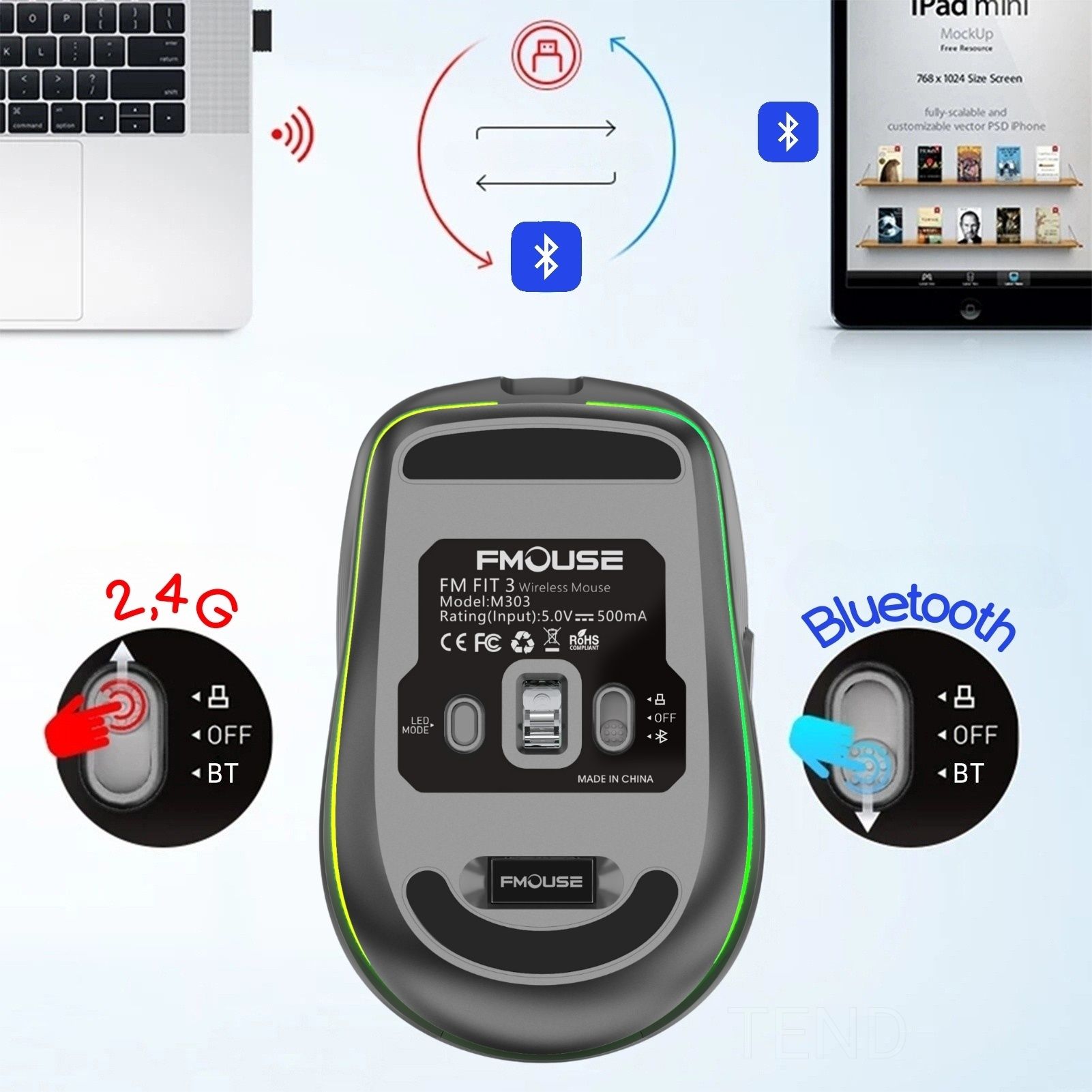 Мышка аккумуляторная FM FIT-3 USB+Bluetooth с RGB-подсветкой