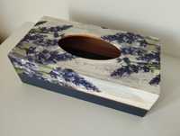Drewniane pudełko pojemnik na chusteczki lawenda decoupage