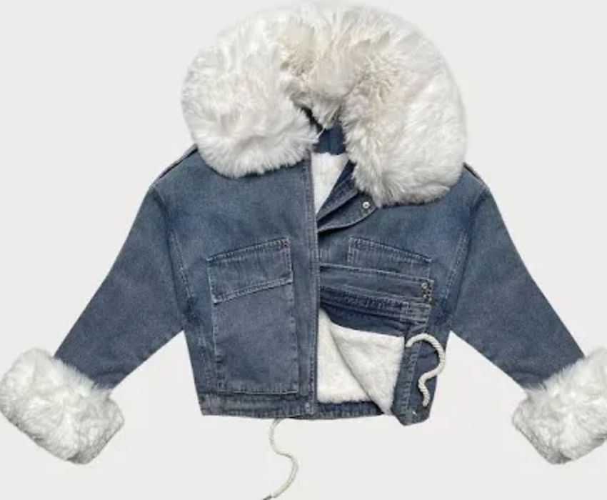 Jeansowa kurtka z białym futerkiem S/M
