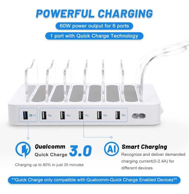 PRITEK Stacja ładująca 8szt krótkie kable do ładowania 60W 6portów USB