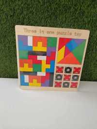 Drewniana układanka 3w1 Tetris, Tangram, Kółko Krzyżyk, Dzień Dziecka