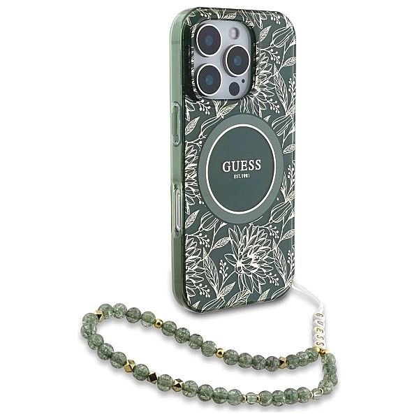 Etui Guess IML Flowers Allover Electro With Pearl Strap MagSafe na iPh