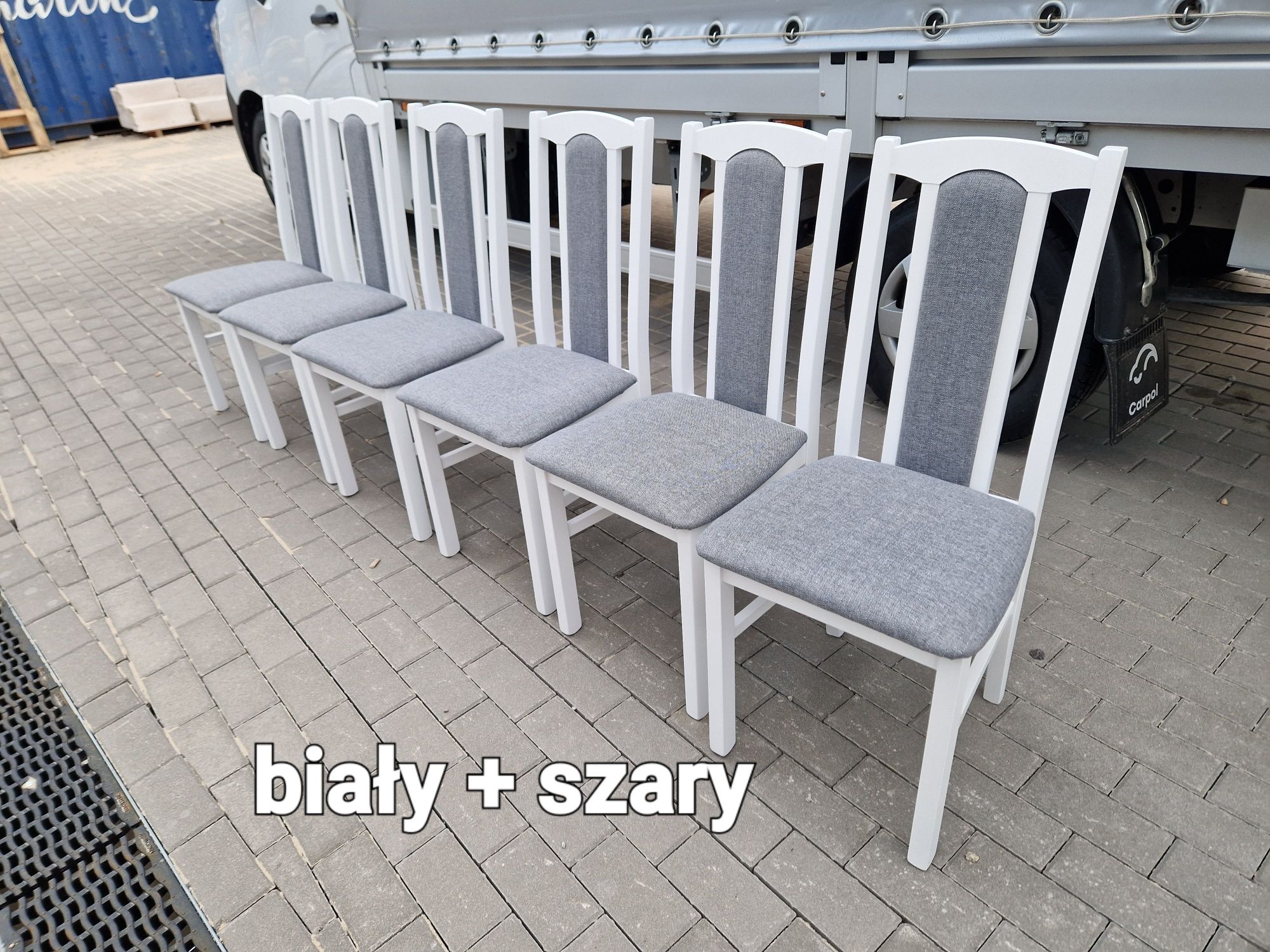 Nowe Stół 80x140/180 + 6 krzeseł, biały + szary, OD RĘKI