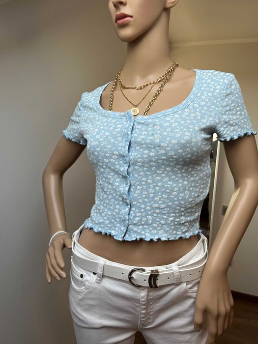 Crop Top Niebieski w Białe Kwiaty Bawełna Na Guziki Rozmiar XS-M boho