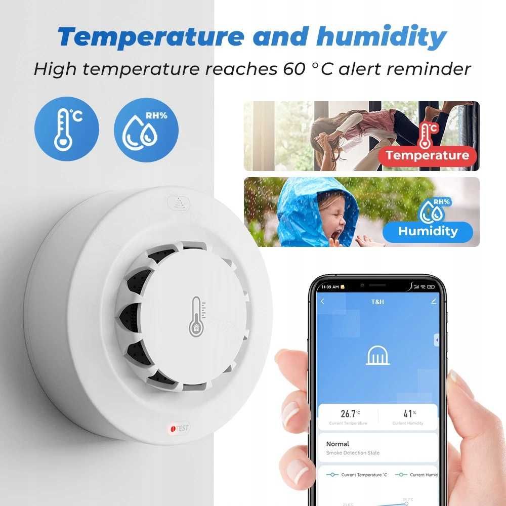 Czujnik dymu temperatury i wilgotności TUYA WiFi / bezprzewodowy alarm