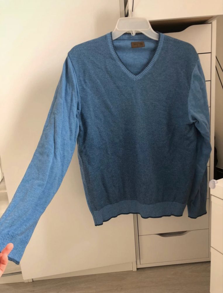 Sweter męski M niebieski jodełka v neck Szczygieł elegancki casual