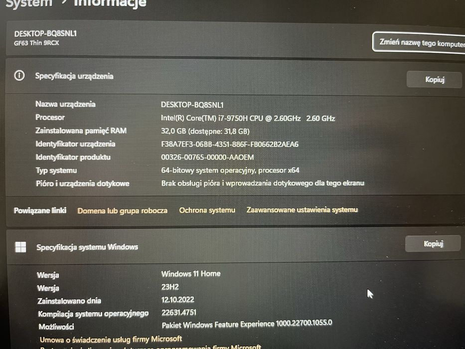 MSI GF63 Thin 9RCX – i7, 32 GB RAM, SSD NVMe + HDD, GTX 1050 Ti