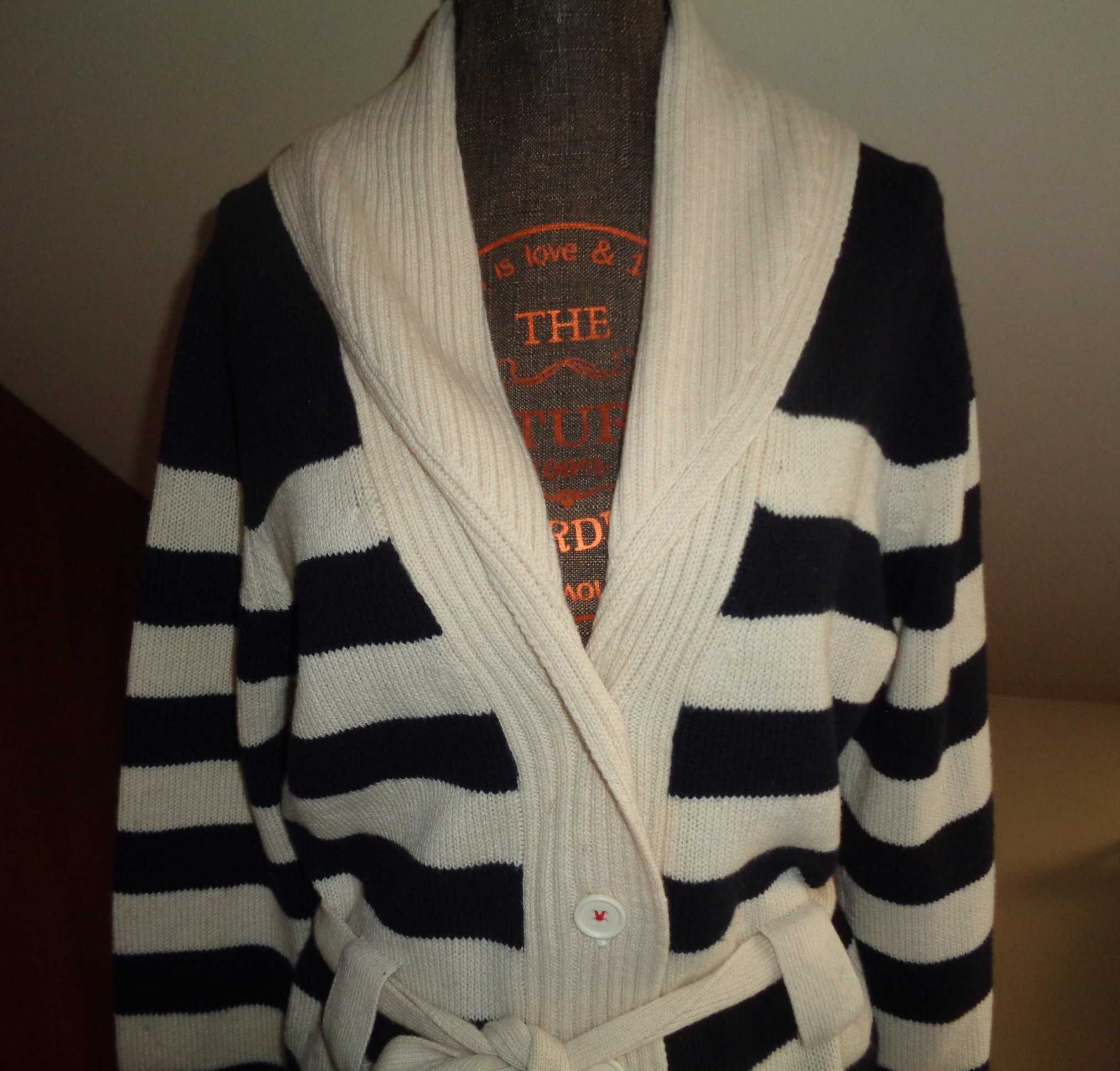 TOMMY HILFIGER ciepły gruby sweter w paski wiązany w pasie jak nowy L