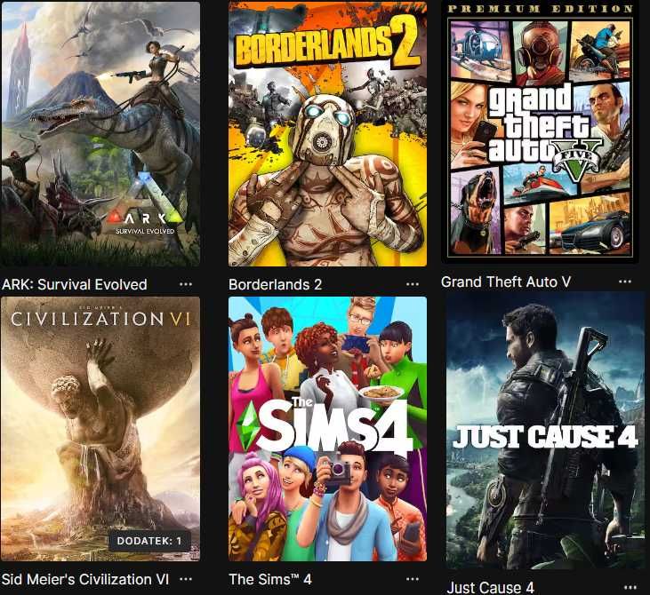 Gry na PC GTA5, The Sims 4, Just Cause 4, ARK, Civilization VI