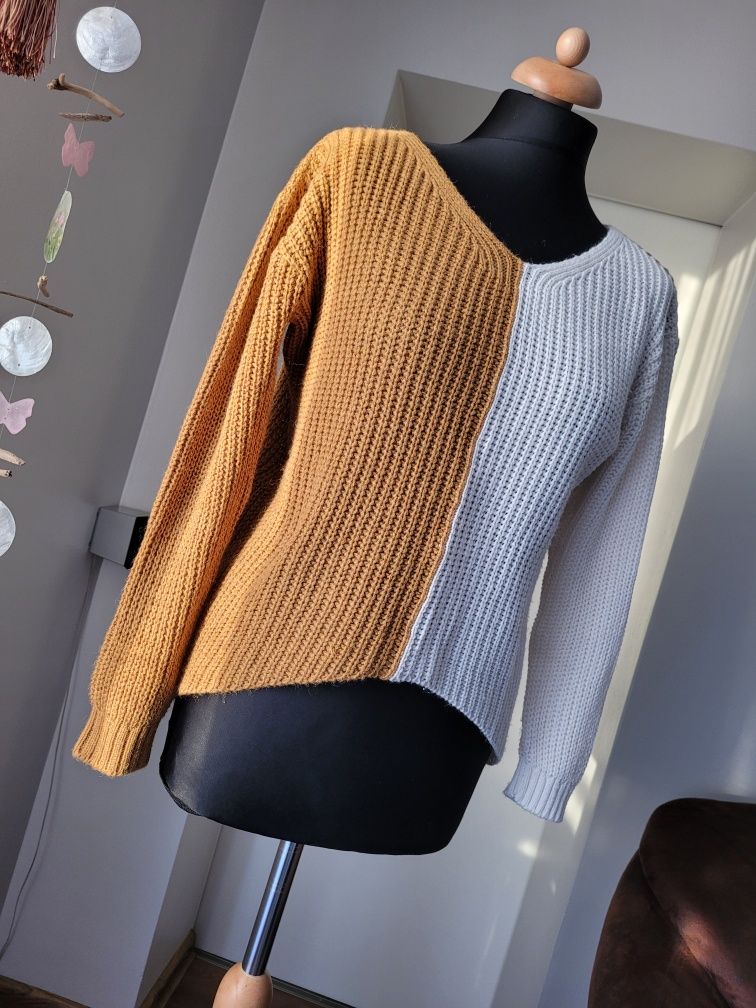 Sweter sweterek dwukolorowy kremowo pomarańczowy