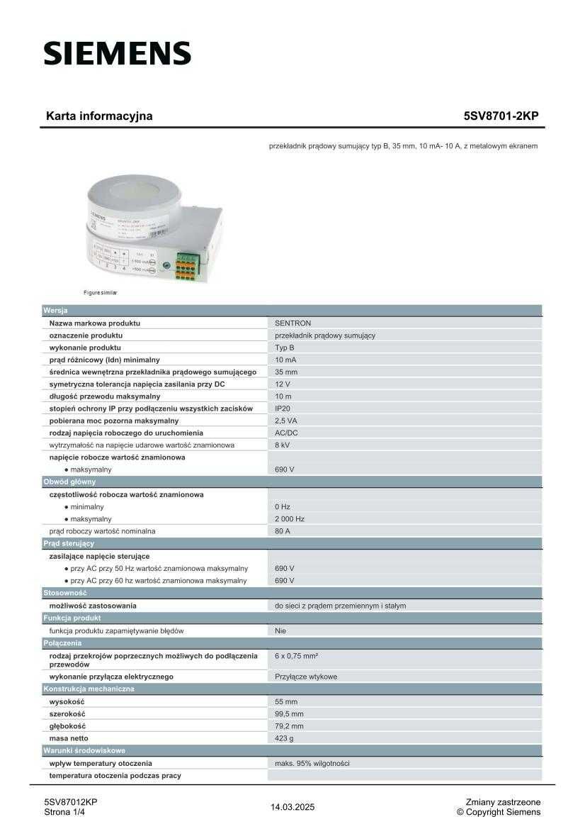 Przekładnik prądowy sumujący - 5SV8701-2KP - Siemens - SUPER CENA