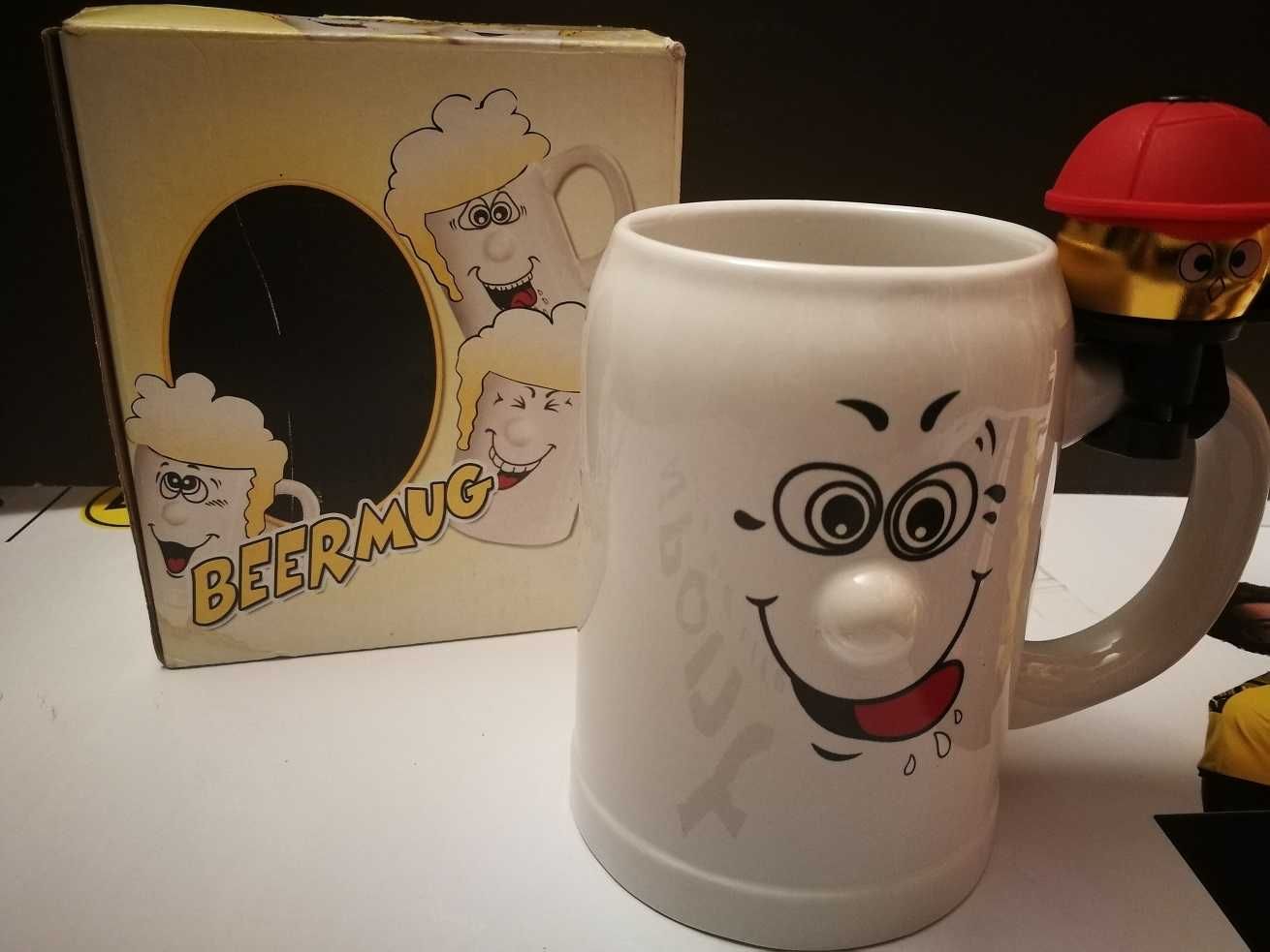 Nowy kufel do piwa z dzwonkiem beer mug biały buźka