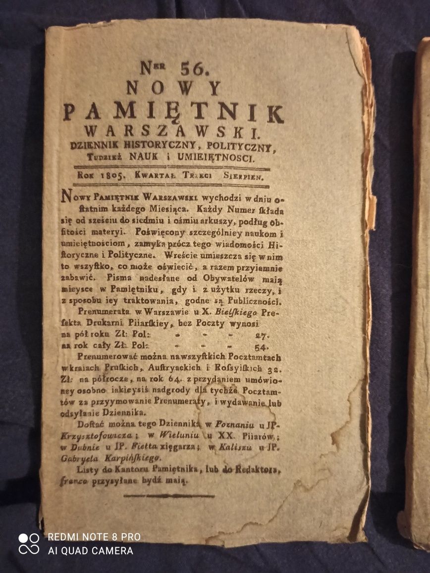 Zabytek Pamiętnik Warszawski 1805 r 2 szt