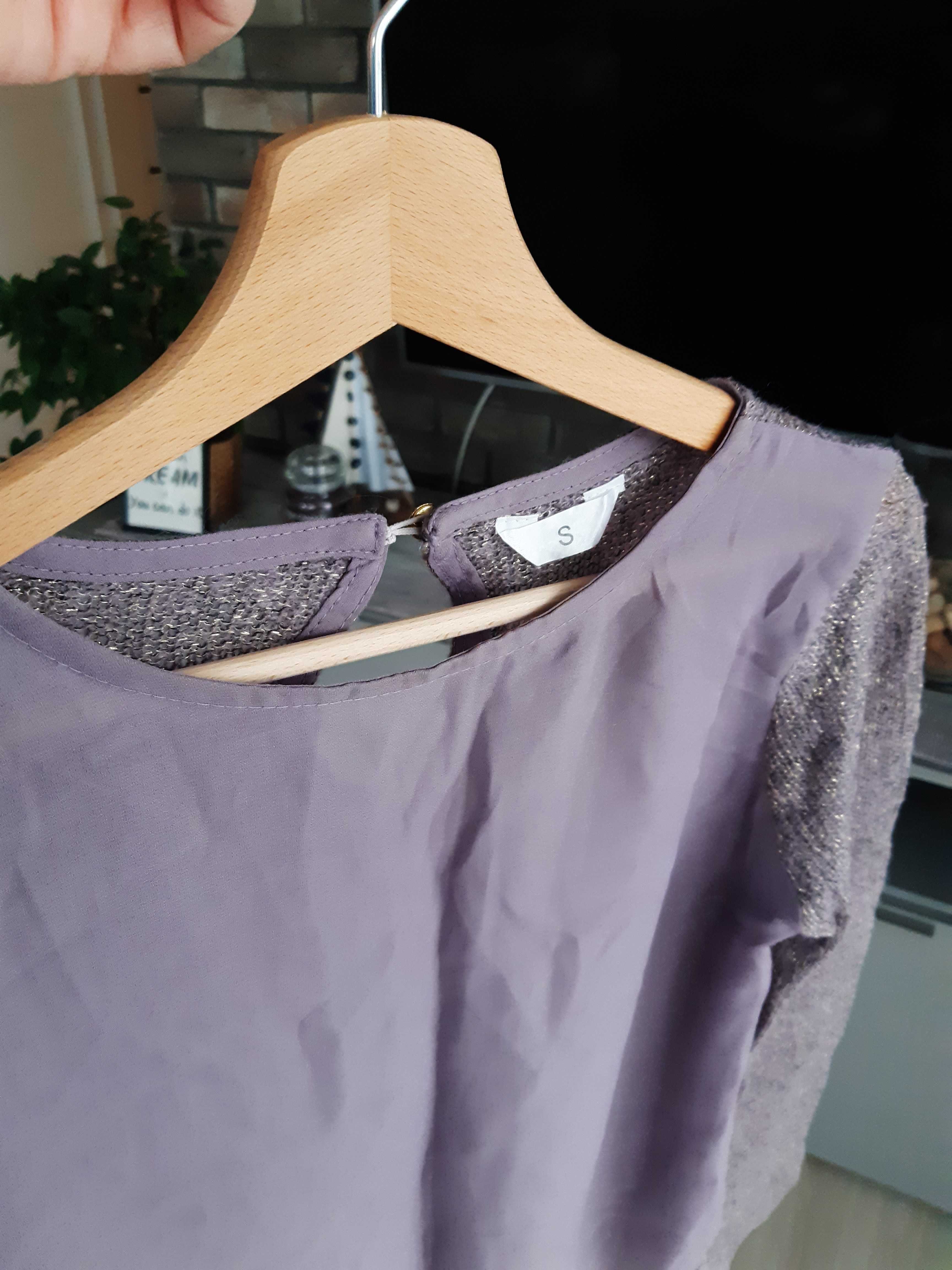 Sweter wrzosowy pastelowy ze złotą nitką dłuższy tył S 36