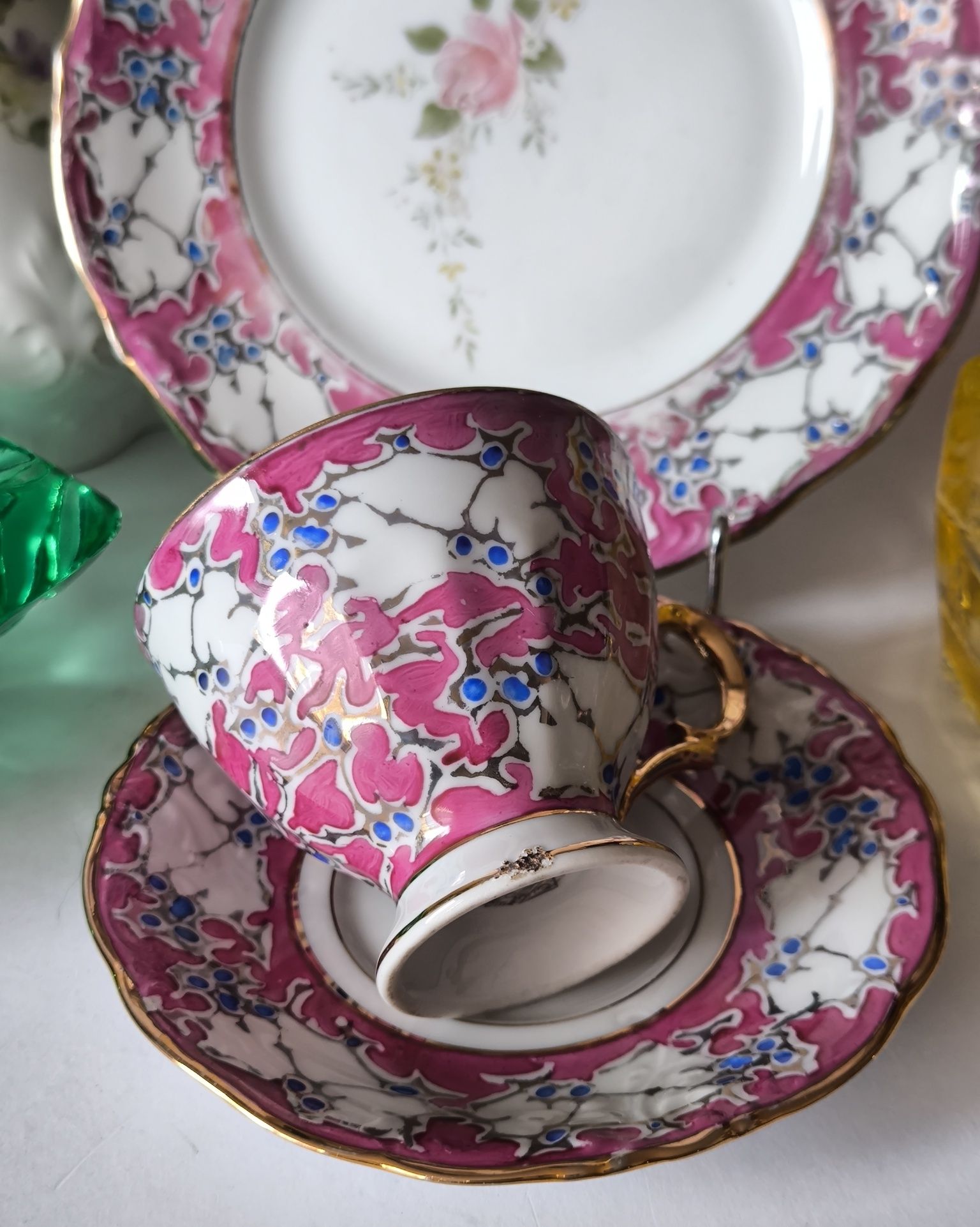 Trio składak Ćmielów Bogucice piękna stara porcelana ręcznie malowana