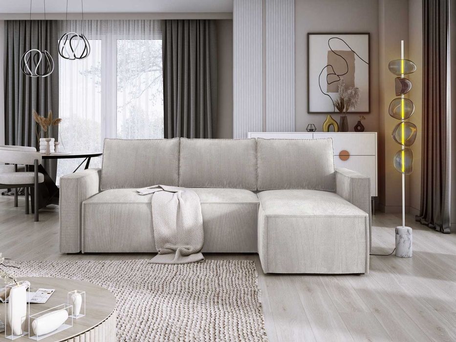 Sztruksowy narożnik z funkcją spania KENZO! Pojemnik na pościel!