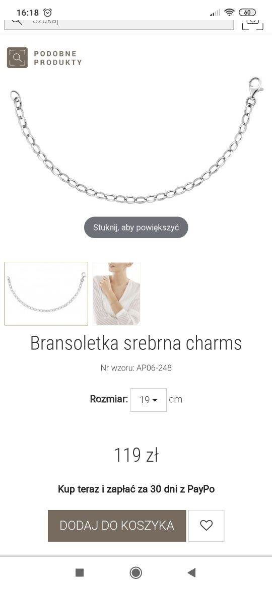 Bransoletka Apart srebrna pr. 925, na zawieszki, charms