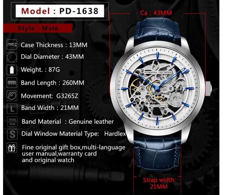 ZEGAREK PAGANI DESIGN PD-1638 BL skeleton automatic 3ATM gw24 + box