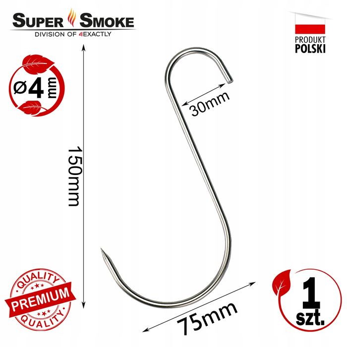 Hak Wędzarniczy Super Smoke typu "S" do mięs i wędlin 4mm 15cm Premium