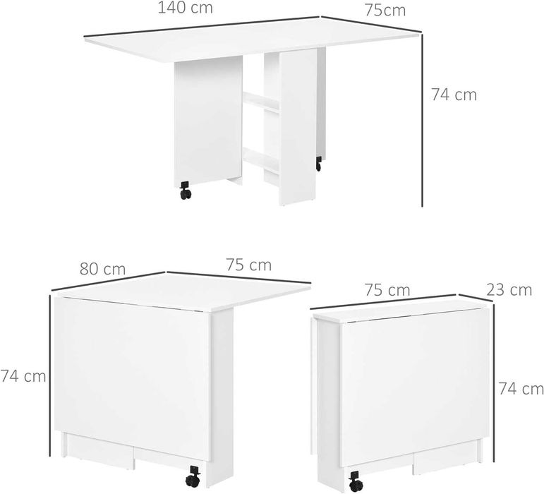 Mesa extensível dobrável de cozinha, de jantar, de apoio branca 140x75