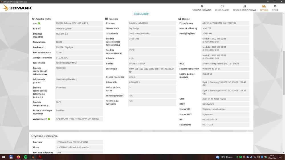 Komputer i7 3770K GTX 1650 SUPER 20 GB DDR3 SSD 120 GB