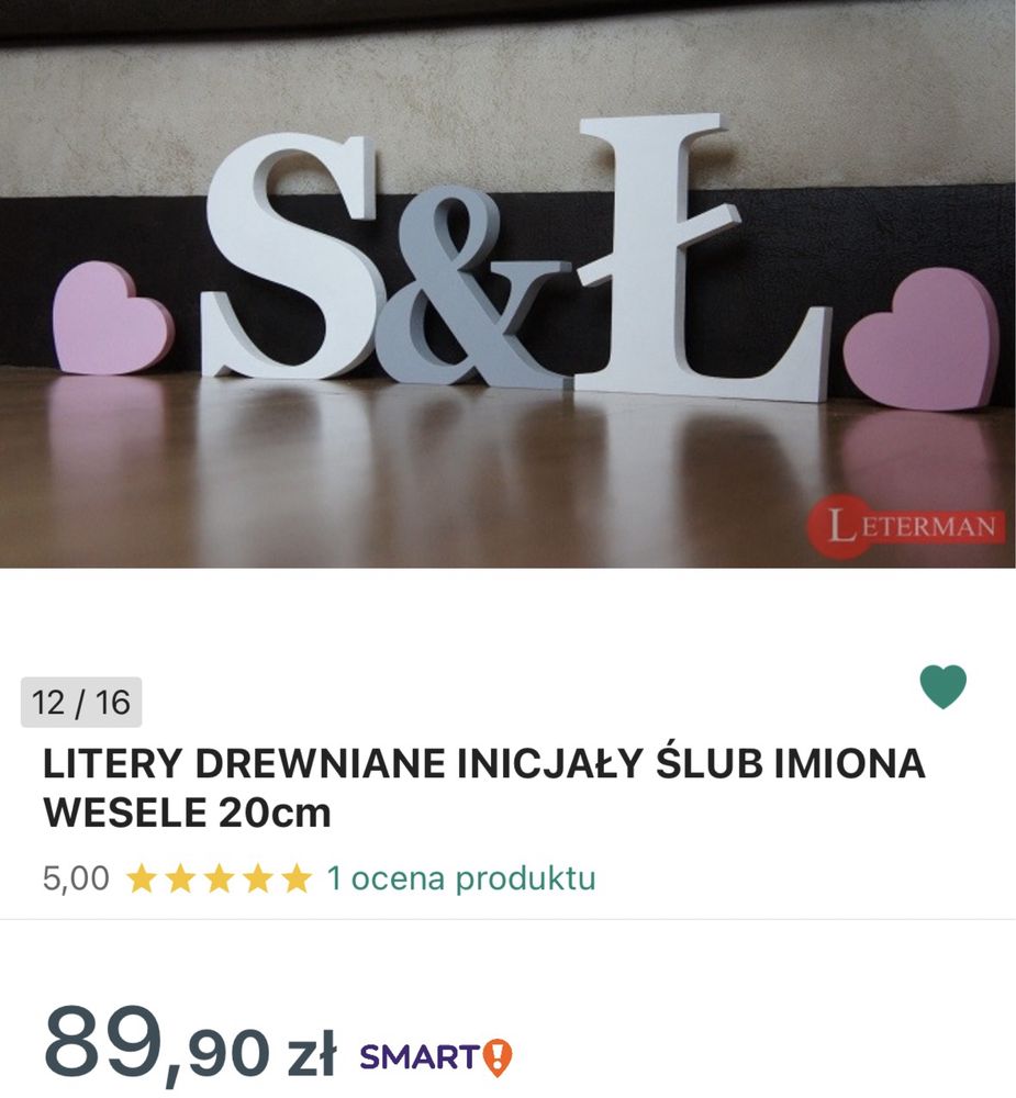 Inicjały ślubne litery drewniane imiona wesele 20cm