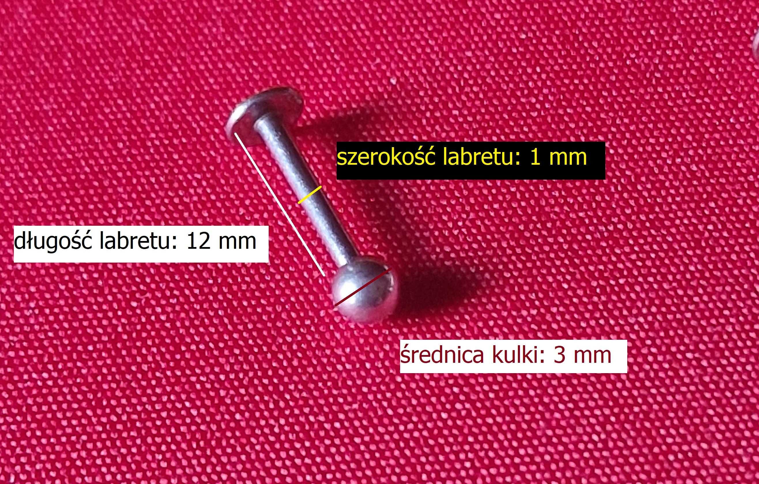 Labret klasyczny 12 mm / 1 mm z kulką 3 mm, tytan piercing