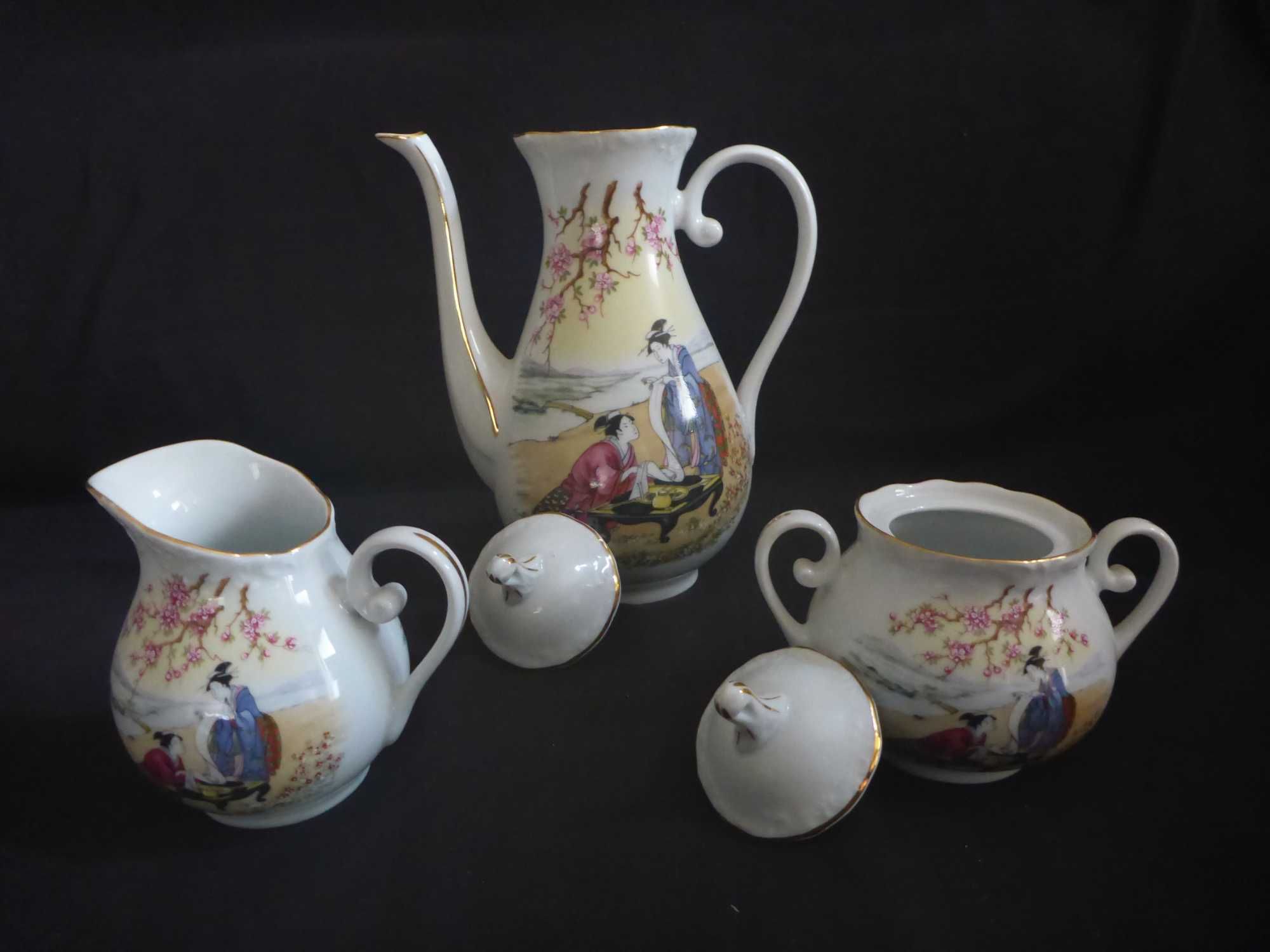 Spal Bule de café, leiteira e açucareiro decoração com gueixa Japão