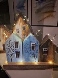 3 domki drewniane handmade lampki
