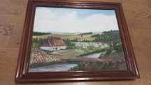 Obraz ręcznie malowany 60cm x 50cm  wiejska chata Prl