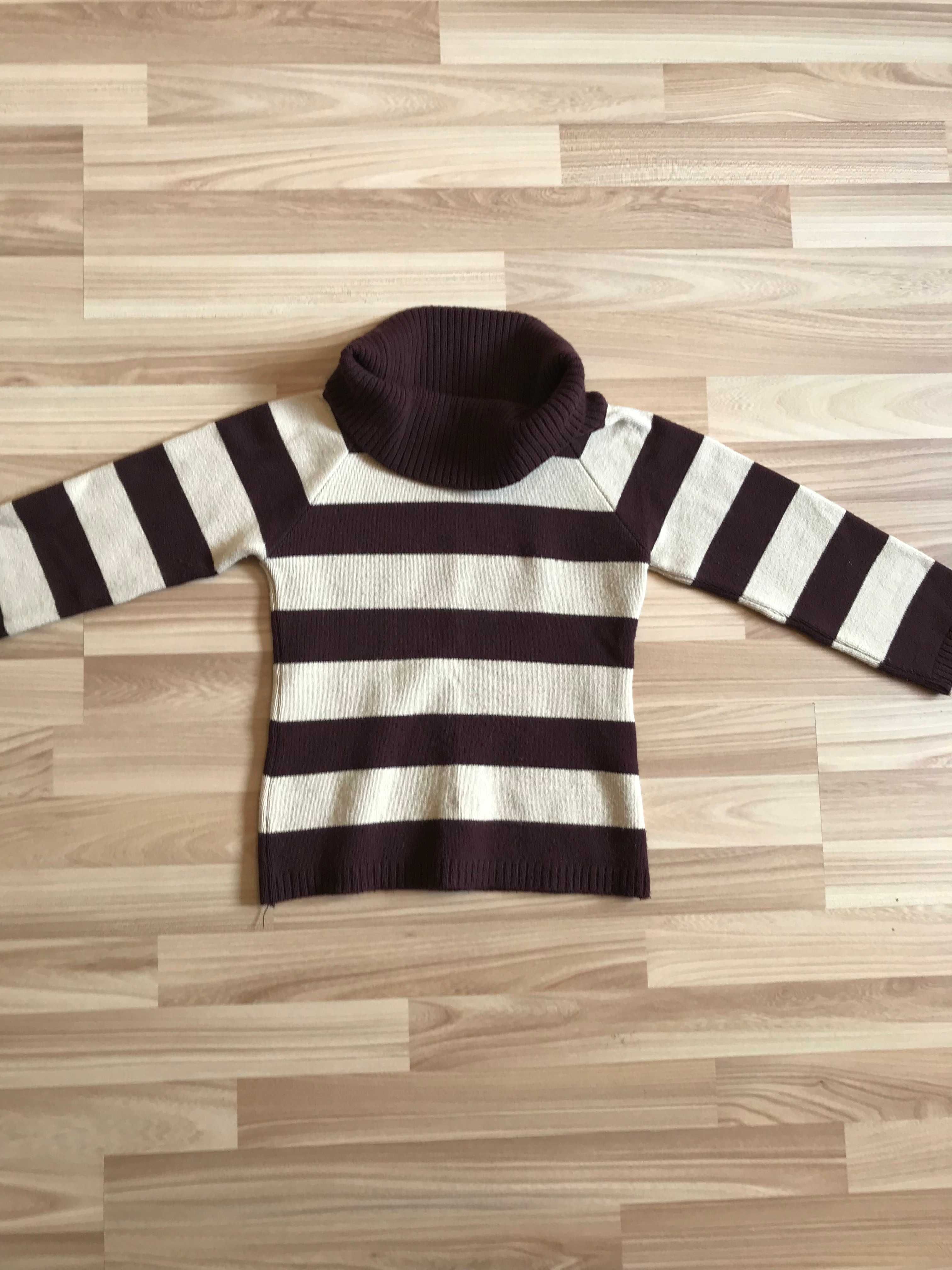 Sweter w paski pasy rękaw 2/4 czekoladowo-kremowy r. 36 vintage retro