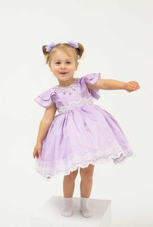 Нарядное пышное хлопковое платье с кружевом на девочку 1-2 года