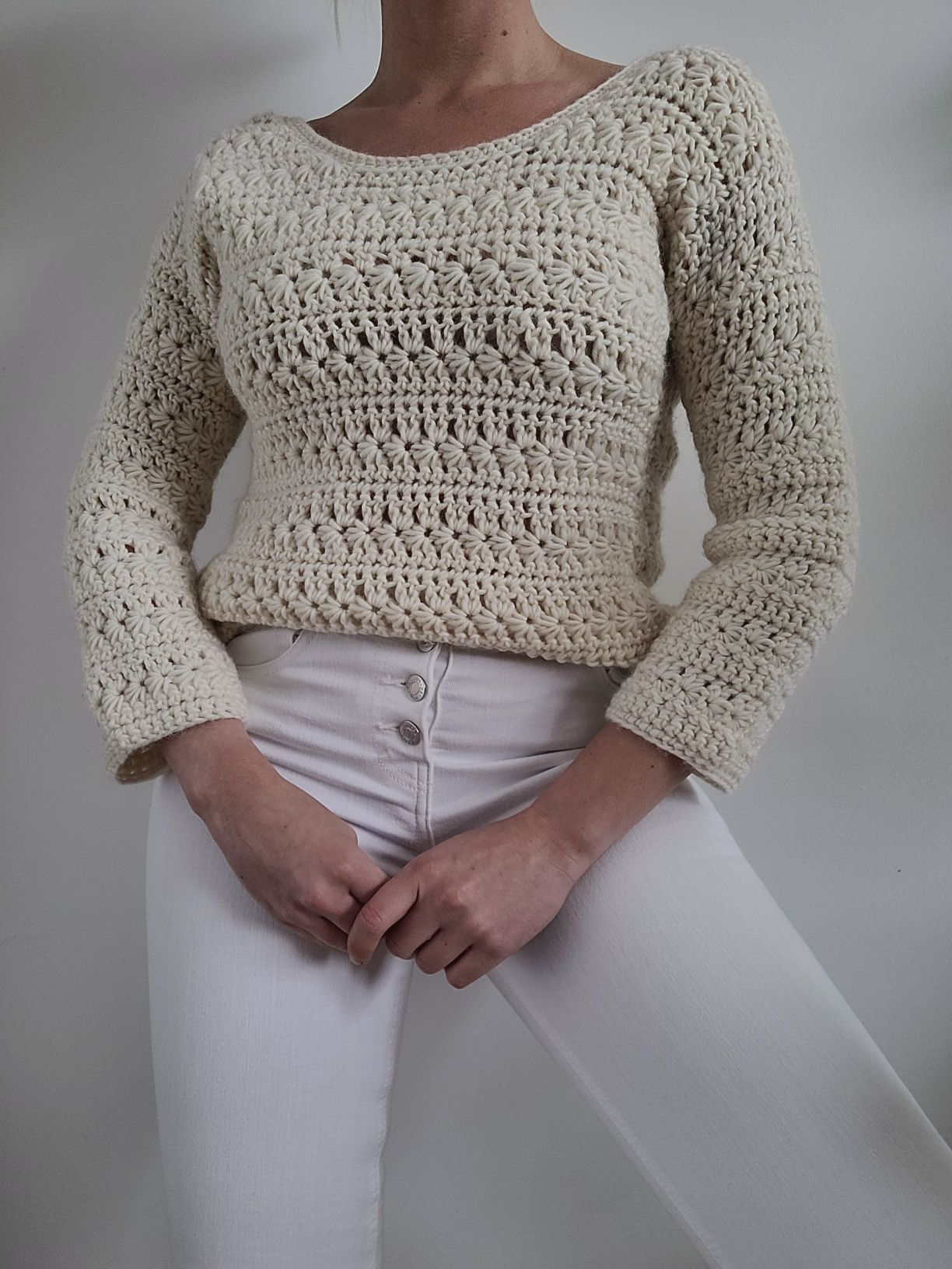 Gruby kremowy wełniany sweter boho 100% wełna handmade